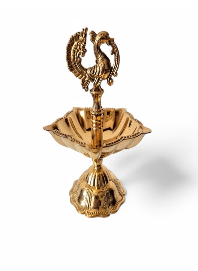 RAISOM Brass Peacock Design Diya | Height : 4 Inch | Panchmukhi Oil Lamp | Kutthu Vilakku Deep | Intricately Carved Peacock Design | Home and Office Temple | Festive Gifting | Weight : 150 Grams - Image 1